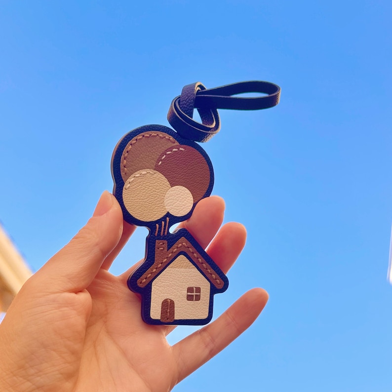Handmade Leather Bag Charm, Cottage House & Balloon Keychain image 1