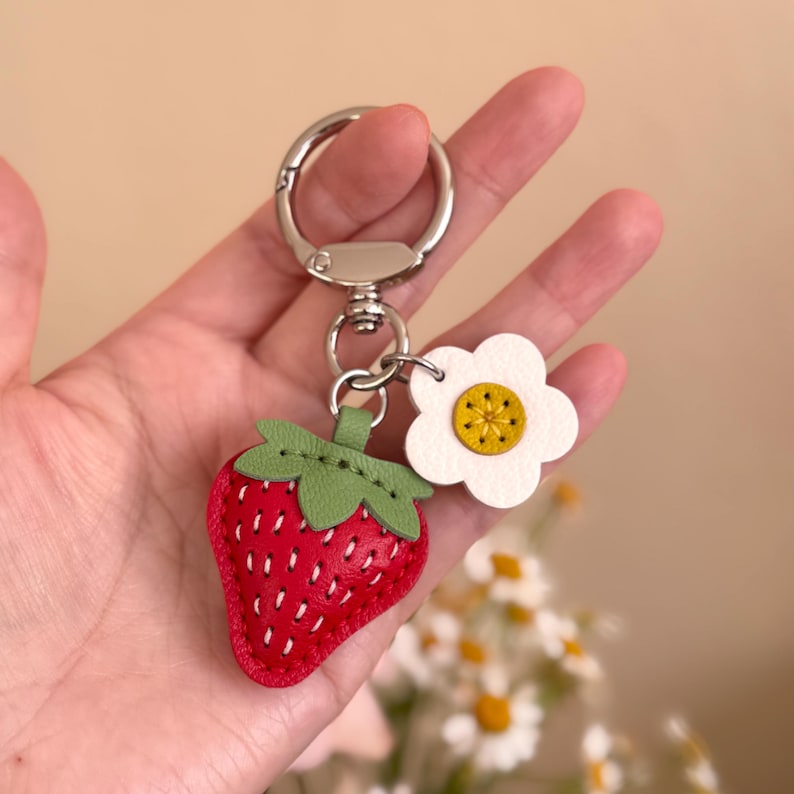 Leather Strawberry Keychain, Handmade Fruit Bag Charm, Cute Purse Accessory, Gift for Her image 8