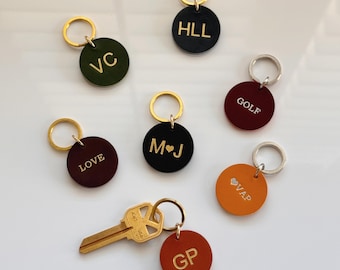 Mini Round Leather Initial Keychain, Personalized Monogram Circle Key Ring