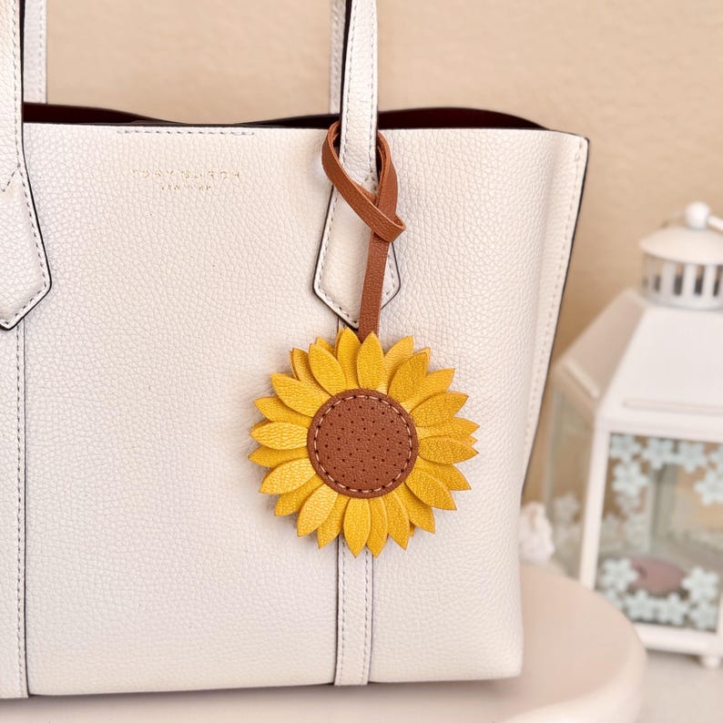 Handcrafted Leather Sunflower Bag Charm, Floral Keychain Accessory Leather Strap