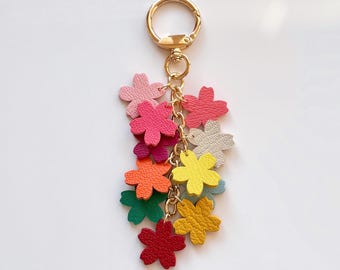 Genuine Leather Rainbow Flower Purse Charm, Custom  Colorful Blossom Floral Keychain for Handbags
