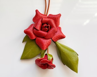 Leather Rose Bag Charm, Handmade Floral Purse Charm, Genuine Leather Flower Bag Accessory, Romantic Gift for Her