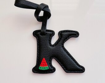 Personalized Leather Initial Bag Charm, Watermelon Letter Keychain, Handmade Alphabet Purse Charm, Gift for Her