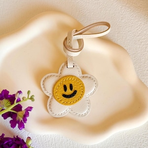 Personalized Leather Flower Bag Charm, Custom Smile Keychain