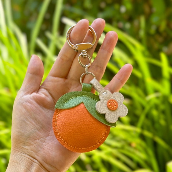 Leather Orange Keychain, Handmade Fruit Bag Charm With Flower