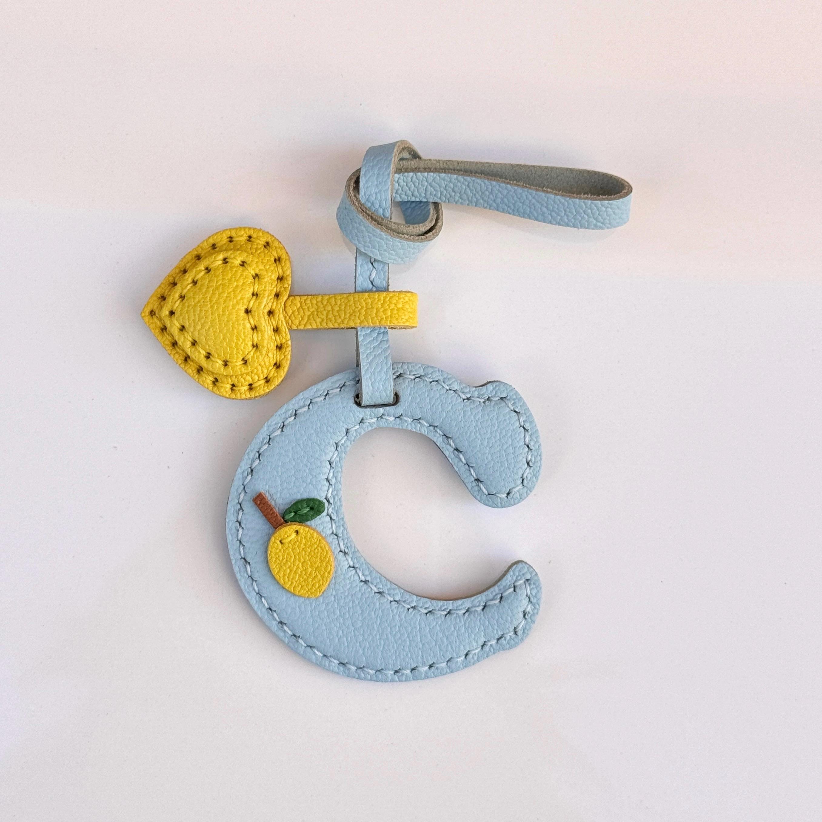 Personalized Initial Leather Bag Charm with Lemon, Custom Letter Keychain, Handmade Purse Charm