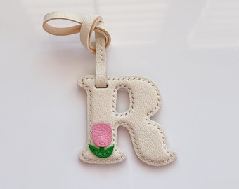 Personalized Leather Initial Bag Charm, Monogram Tulip Keychain Gift for Her