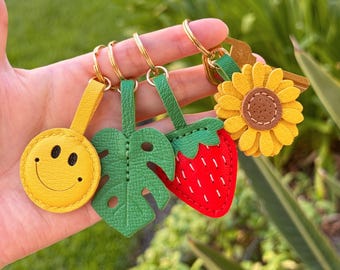Mini French Goat Leather Keychain Charm, Handmade Cute Bag Charm, Small Leather Key Ring