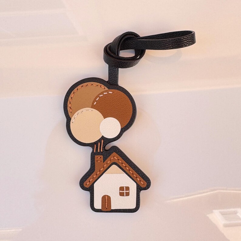 Handmade Leather Bag Charm, Cottage House & Balloon Keychain image 5