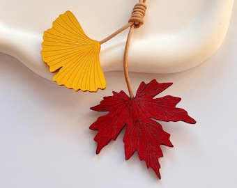 Handcrafted Maple and Ginkgo Leather Bag Charm, Fall Leaf Accessory