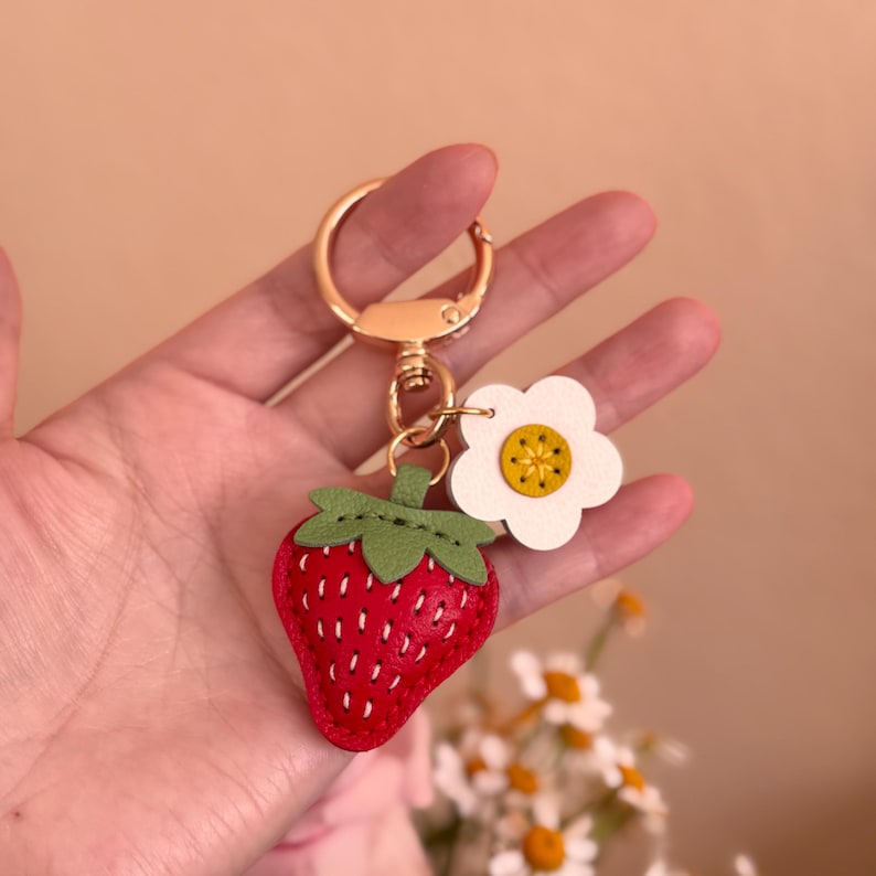 Leather Strawberry Keychain, Handmade Fruit Bag Charm, Cute Purse Accessory, Gift for Her image 7