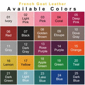 Puede incluir: Un gr&aacute;fico que muestra 25 colores diferentes de cuero de cabra franc&eacute;s. Los colores est&aacute;n dispuestos en una cuadr&iacute;cula de cinco filas y cinco columnas. Los colores incluyen marfil, rosa claro, coral, rosa oscuro, rojo, negro, marr&oacute;n dorado, etoupe, gris paloma, gris, gris oscuro, morado rosa, morado, naranja, lim&oacute;n, amarillo, verde manzana, verde, verde azulado, verde oscuro, azul claro, azul lago, azul y azul oscuro.