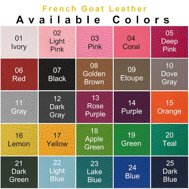 Puede incluir: Un gr&aacute;fico que muestra 25 colores diferentes de cuero de cabra franc&eacute;s. Los colores est&aacute;n dispuestos en una cuadr&iacute;cula de cinco filas y cinco columnas. Los colores incluyen marfil, rosa claro, coral, rosa oscuro, rojo, negro, marr&oacute;n dorado, etoupe, gris paloma, gris, gris oscuro, morado rosa, morado, naranja, lim&oacute;n, amarillo, verde manzana, verde, verde azulado, verde oscuro, azul claro, azul lago, azul y azul oscuro.