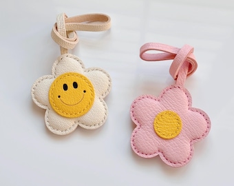 Handmade Leather Smiley Flower Bag Charm, Cute Floral Purse Charm, Gift for Her