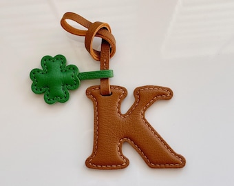 Personalized Handmade Leather Letter Keychain, Clover Bag Charm, Lucky Initial Accessory Gift