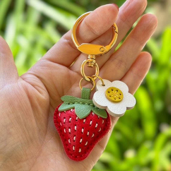 Leather Strawberry Keychain, Handmade Fruit Bag Charm With Daisy