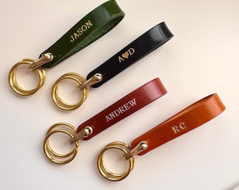 Personalized Embossed Leather Keychain with Brass Double Ring, Cowhide Key Fob