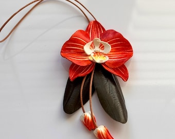 Orange Red Orchid Leather Bag Charm, Handmade Flower Purse Charm, Floral Handbag Accessory