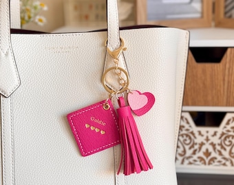 Personalized Leather Keychain, Custom Initial Bag Charm with Tassel
