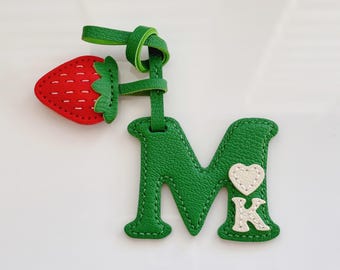 Personalized Leather Initial Bag Charm with Strawberry Charm, Custom Letter Purse Charm
