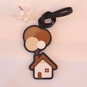 Handmade Leather Bag Charm, Cottage House & Balloon Keychain image 3