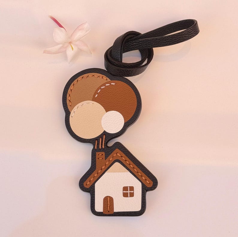 Handmade Leather Bag Charm, Cottage House & Balloon Keychain image 3