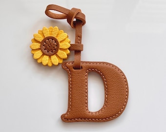 Personalized Sunflower Leather Initial Keychain, Custom Letter Bag Charm, Monogram Purse Charm