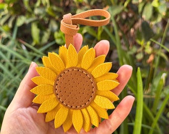 Handcrafted Leather Sunflower Bag Charm, Floral Keychain Accessory