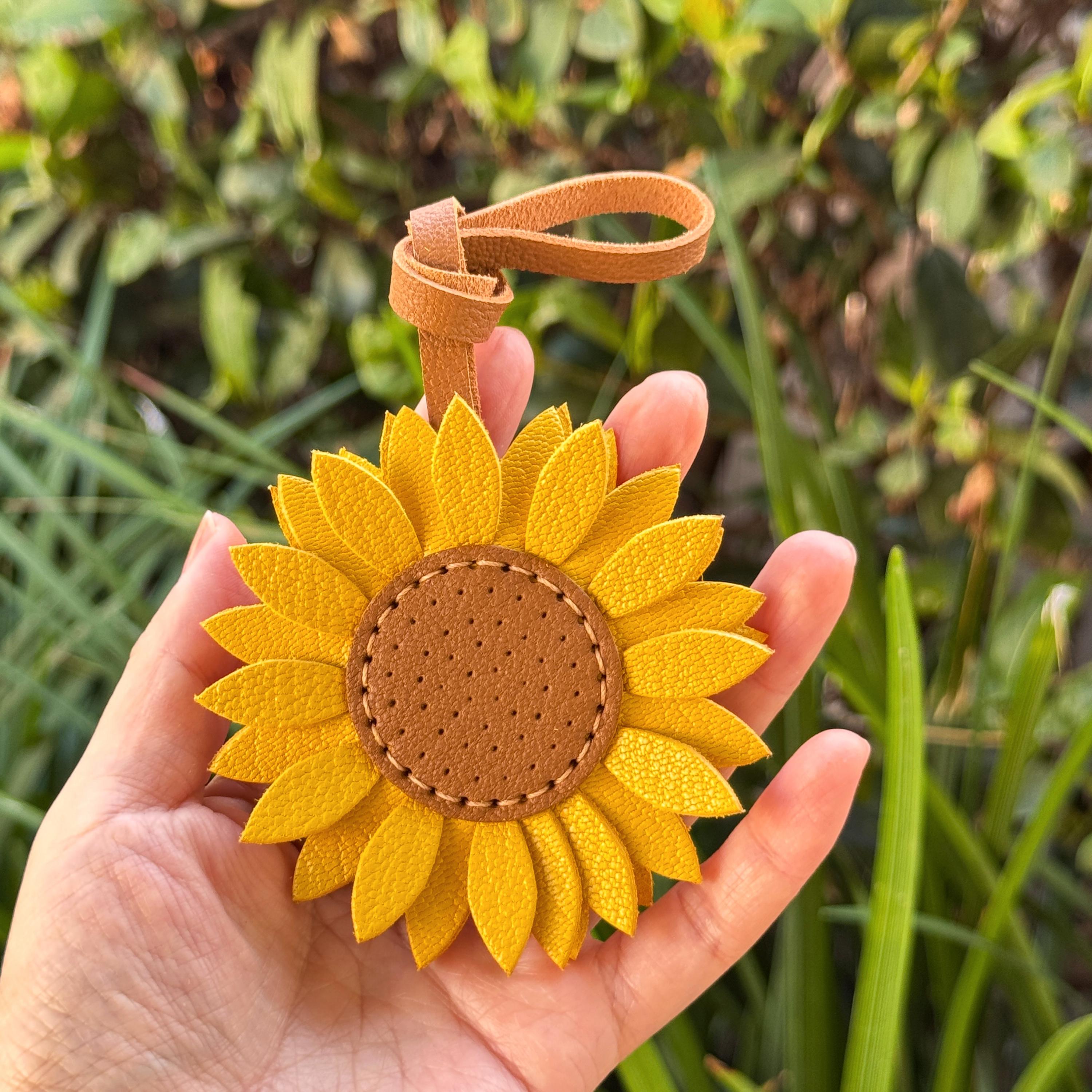 Handcrafted Leather Sunflower Bag Charm, Floral Keychain Accessory