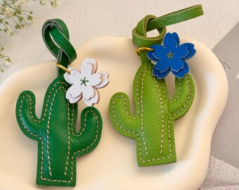 革製サボテンバッグチャーム、手作りの花サボテン財布チャーム
