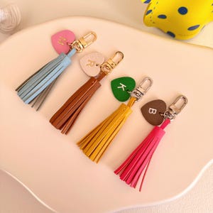 Custom Leather Tassel Keychain, Real French Goatskin Leather Key Fob, Handmade Personalized Initial Bag Charm, Mini Heart Charm With Name