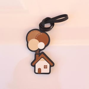 Handmade Leather Bag Charm, Cottage House & Balloon Keychain image 2