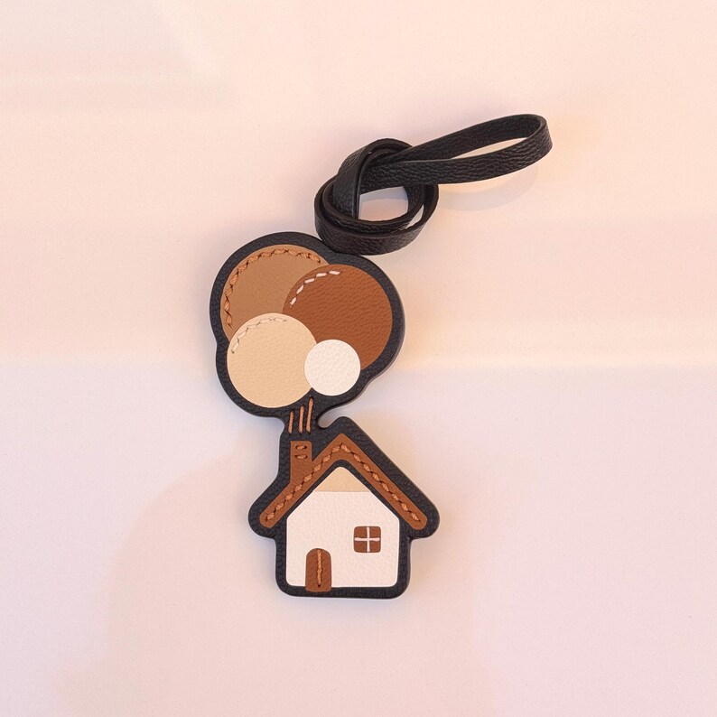 Handmade Leather Bag Charm, Cottage House & Balloon Keychain image 2