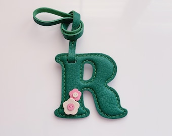 Personalized Leather Initial Bag Charm, Floral Letter Purse Charm, Handmade Alphabet Keychain, Gift for Her