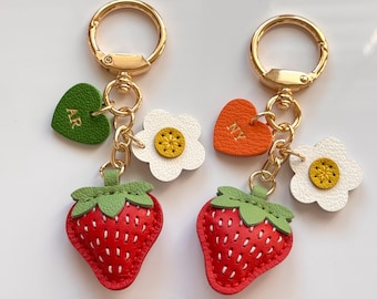 Personalized Leather Strawberry Keychain With Initial Heart And Flower, Custom Bag Charm Gift