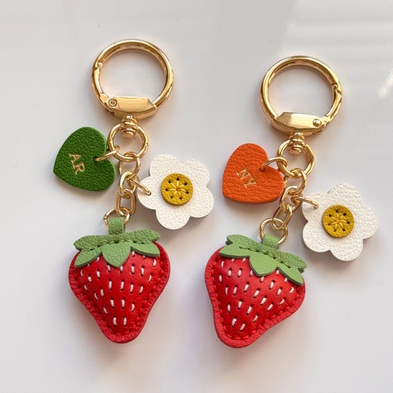 Personalized Leather Strawberry Keychain With Initial Heart And Flower, Custom Bag Charm Gift