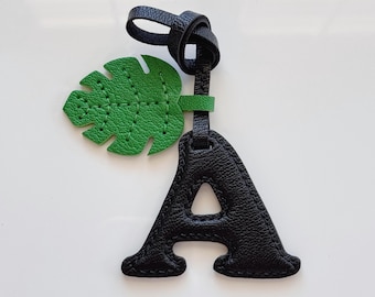 Leather Initial Keychain with Leaf, Monogram Bag Charm in French Goat Leather
