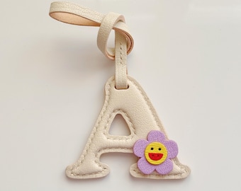 Personalized Leather Initial Bag Charm, Smiley Flower Letter Keychain, Custom Purse Charm