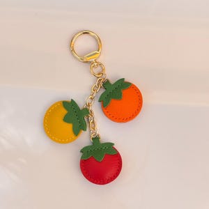 Handmade Genuine Leather Tomato Bag Charm, Colorful French Goat Leather Keychain, Cute Fruit Purse Accessory, Gift For Fruit Lover