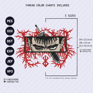 May include: An embroidery design featuring a detailed illustration of a character's face with a sword. The design includes the text "THREAD COLOR CHARTS INCLUDED" and size options in centimeters. Additional text includes "IF U NEED MORE + CONTACT ME".