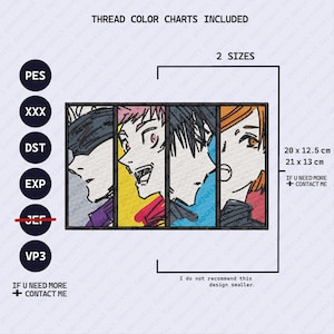 May include: An embroidery design featuring four anime-style character portraits with colourful backgrounds. The design includes the text "THREAD COLOUR CHARTS INCLUDED" and measurements of 20 x 12.5 cm and 21 x 13 cm. The image also includes file type options.