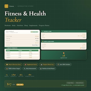 May include: A digital fitness and health tracker interface with a dark green and beige color scheme. The interface displays workout data, weight, BMI, sleep, and recovery metrics. The text "Fitness & Health Tracker" is at the top.
