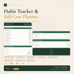 May include: A digital self-care planner with a green and beige color scheme. The planner includes sections for daily habits, mood tracking, and weekly reviews. The text "Habit Tracker & Self-Care Planner" is displayed prominently.