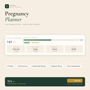 Puede incluir: Planificador de embarazo digital en verde y crema. Incluye una cuenta regresiva, una barra de progreso del embarazo y secciones para citas, conteo de patadas y registro. El texto incluye "Pregnancy Planner" y "Your complete journey - bump to birth & beyond."