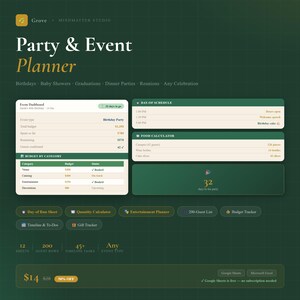 May include: A digital party and event planner interface with a dark green background. The title "Party & Event Planner" is displayed in white and gold. Features include event dashboards, budget trackers, and day-of schedules.
