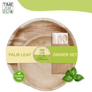 Time to go Eco - Bamboo Type Combo Pack 10&quot; and 8&quot; Palm Leaf Disposable Plates  and Wooden Cutlery Lunch / Dinner Set for 25/50/75 Guest