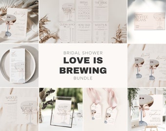 Love Is Brewing Theme Bridal Shower Bundle, Bridal Shower Invitation and Games, Menus and Signs, Modern and Minimalist Bridal Shower
