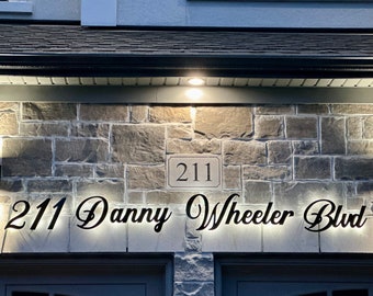 Custom House Address Sign | Modern Black, White LED Backlit