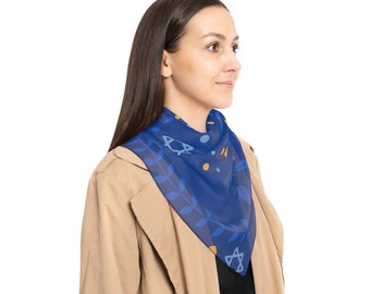 Dark Blue Flowers and Star of David | Jewish Judaism Judaica Israel Israeli Art | Poly Scarf | by Far Out Prints & Co