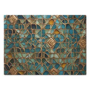 Turquoise and Gold Mosaic Design Candle Glass Board - Israel Israeli Jewish Judaism Judaica Shabbat - by Far Out Prints & Co.